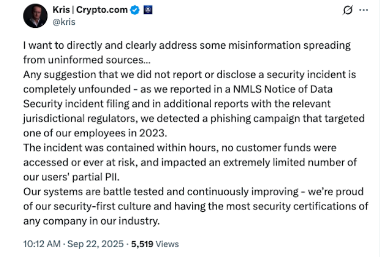 image The CEO of Crypto.com rejects the claims of covering up a data breach and states that he is committed to security