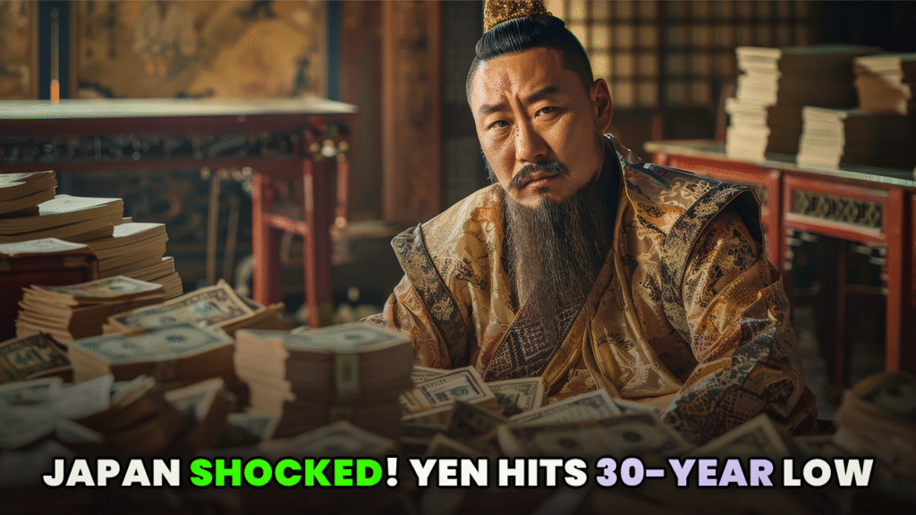 Japan shocked as yen hits 30-year low, illustrated by Japanese emperor-style figure surrounded by stacks of currency symbolizing economic stress
